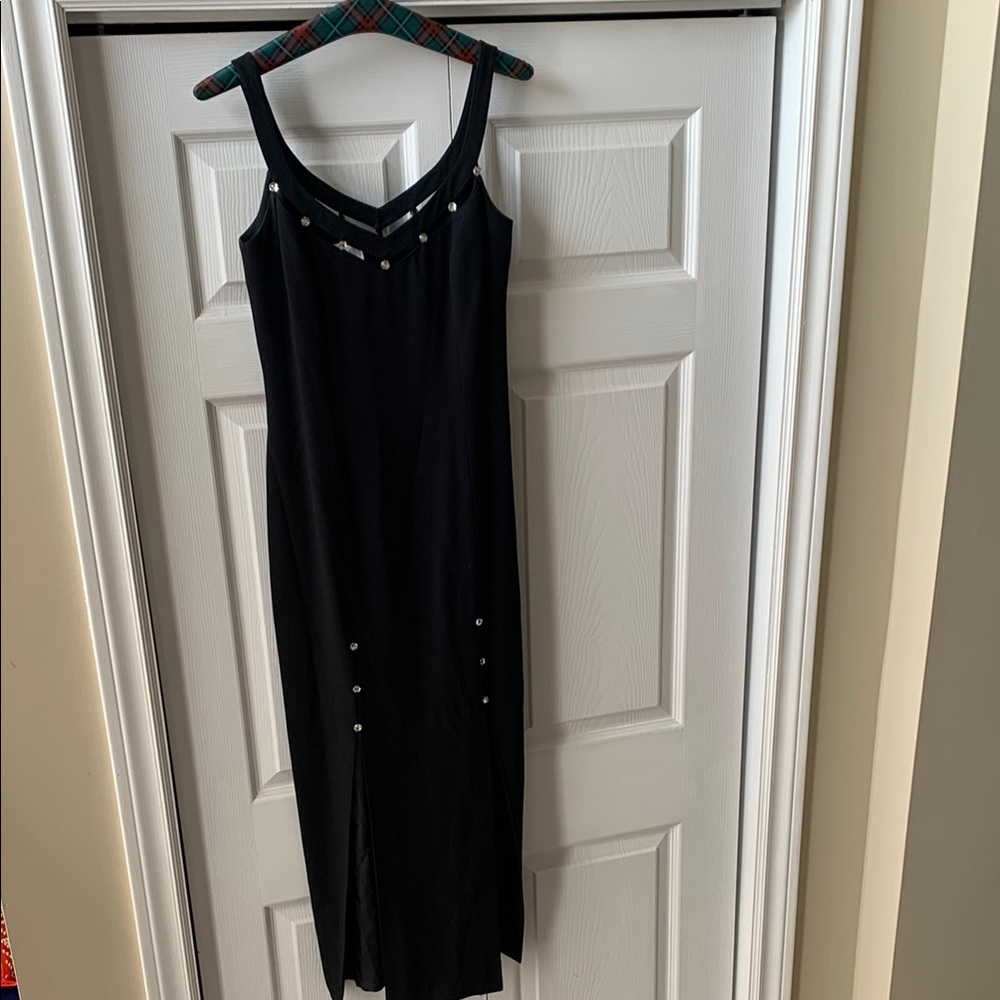 Vintage 80’s black maxi dress w slits+crystal accents + jacketEUC